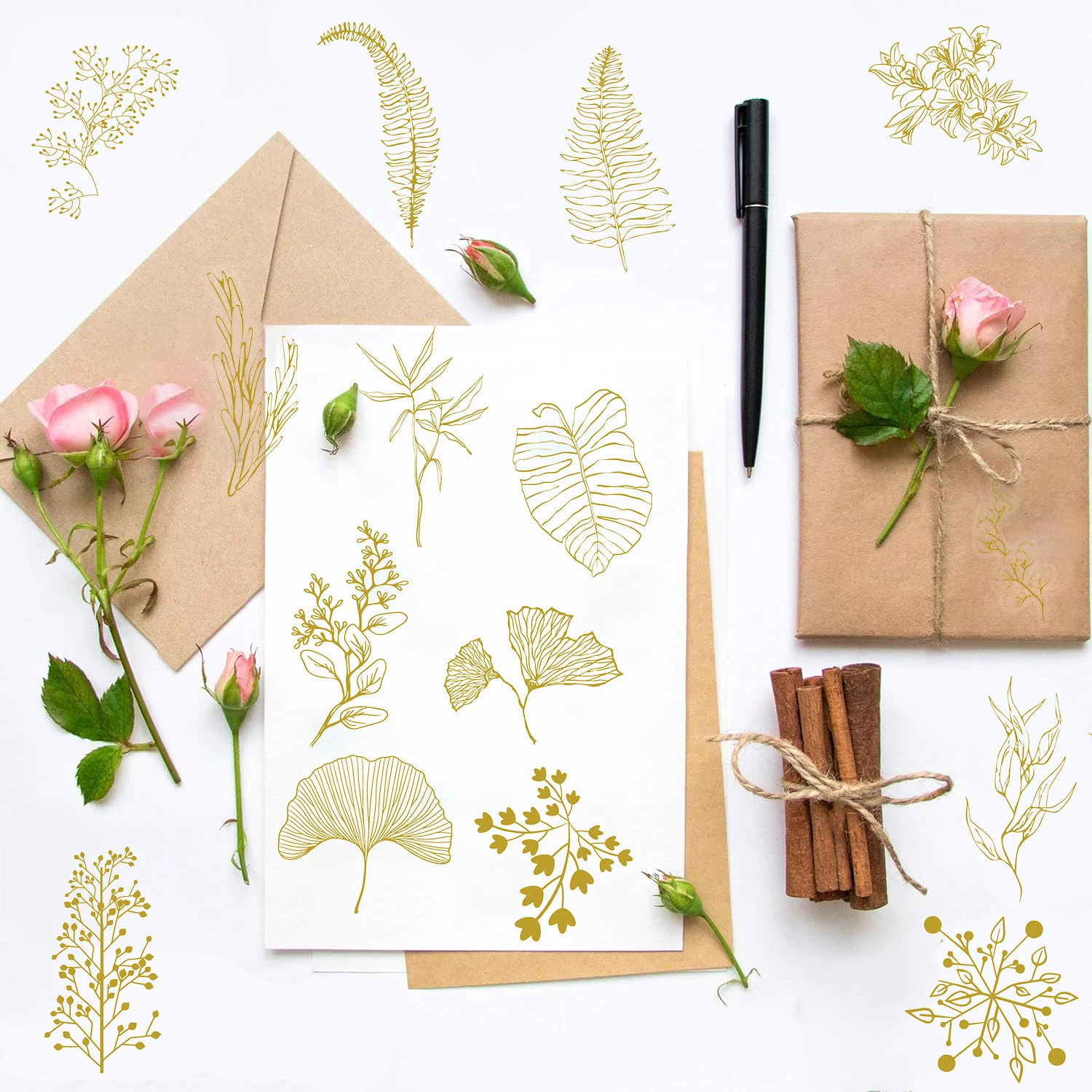 50Pcs Retro Elegant Floral Print Sticker Gold Stamping Style Skateboard Laptop Luggage Coffee Phone For Bicycle Guitar Sticker