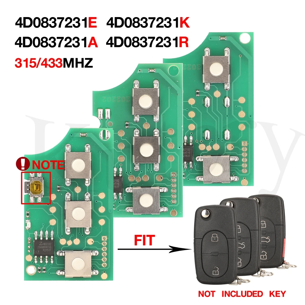 jingyuqin Smart Remote Key Circuit Board 2/3/4 Button 315/433MHZ 4D0837231A/E/K/R For Audi A3 A4 A6 A8 RS4 TT Allroad Quttro RS4