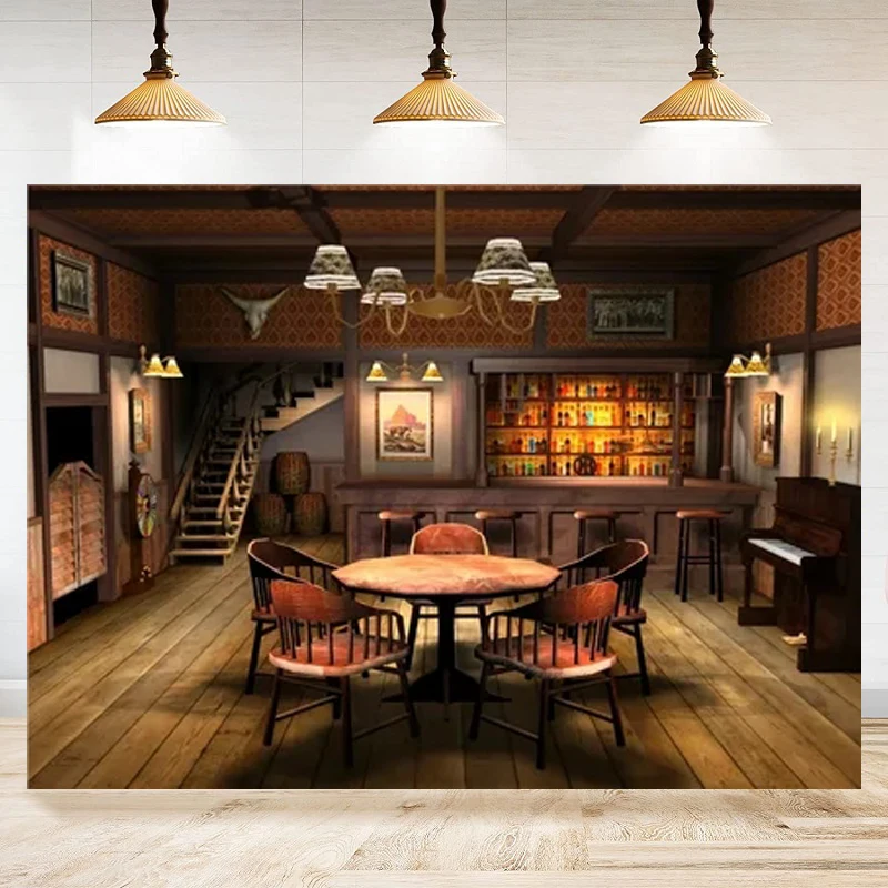 Old Saloon Bar Western Photography Backdrop For West Cowboy Tavern Eatery Wood Building Vintage Wooden Table Chairs Door Poster