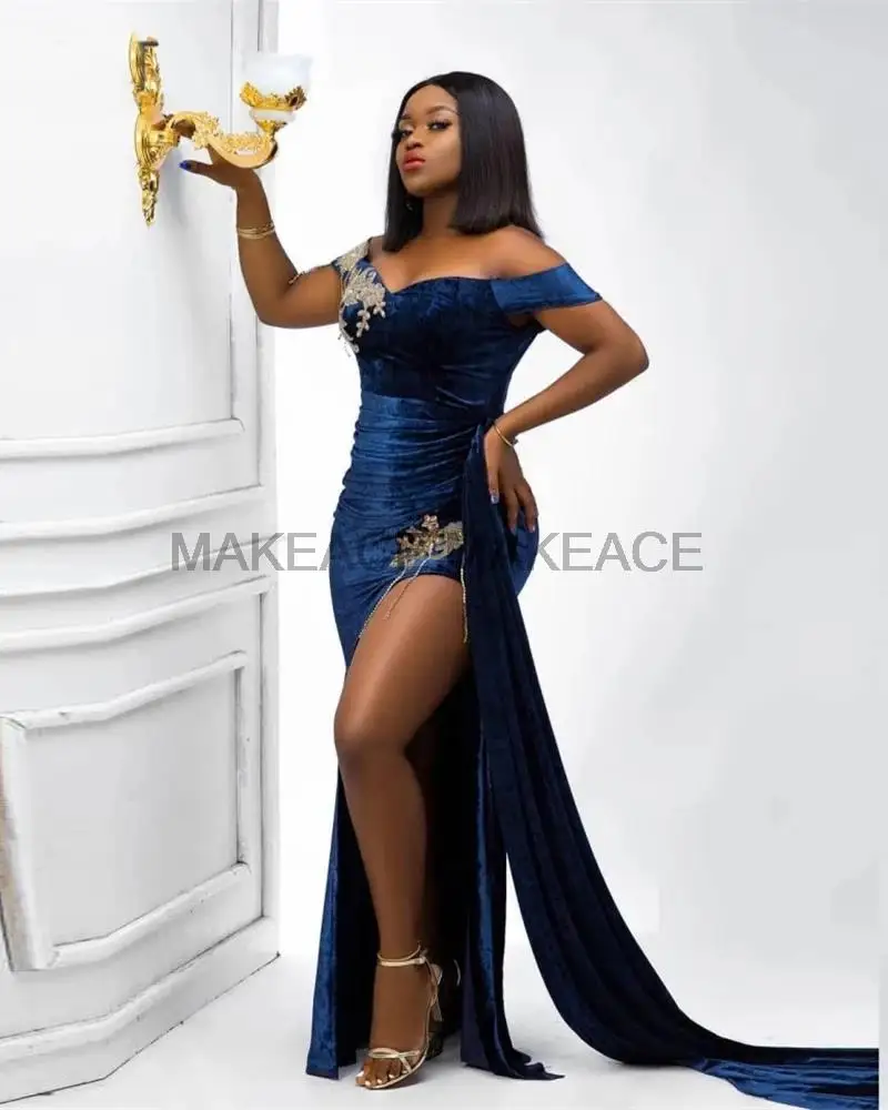 Royal Blue Velvet Mermaid Bridesmaid Dresses With Appliques High Split Plus Size Women Off Shoulder Prom Dress Wedding Party