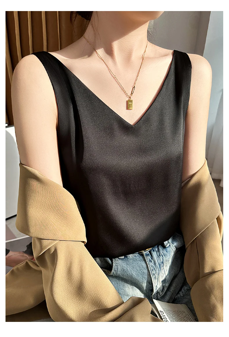 Seidensatin-Damen-Tanktop mit doppelter Schulterpartie, V-Ausschnitt, ärmelloses Top, T-Shirt, elegantes Crop-Top, solide, lässig, Basic, 2025, Sommer – Detail 33
