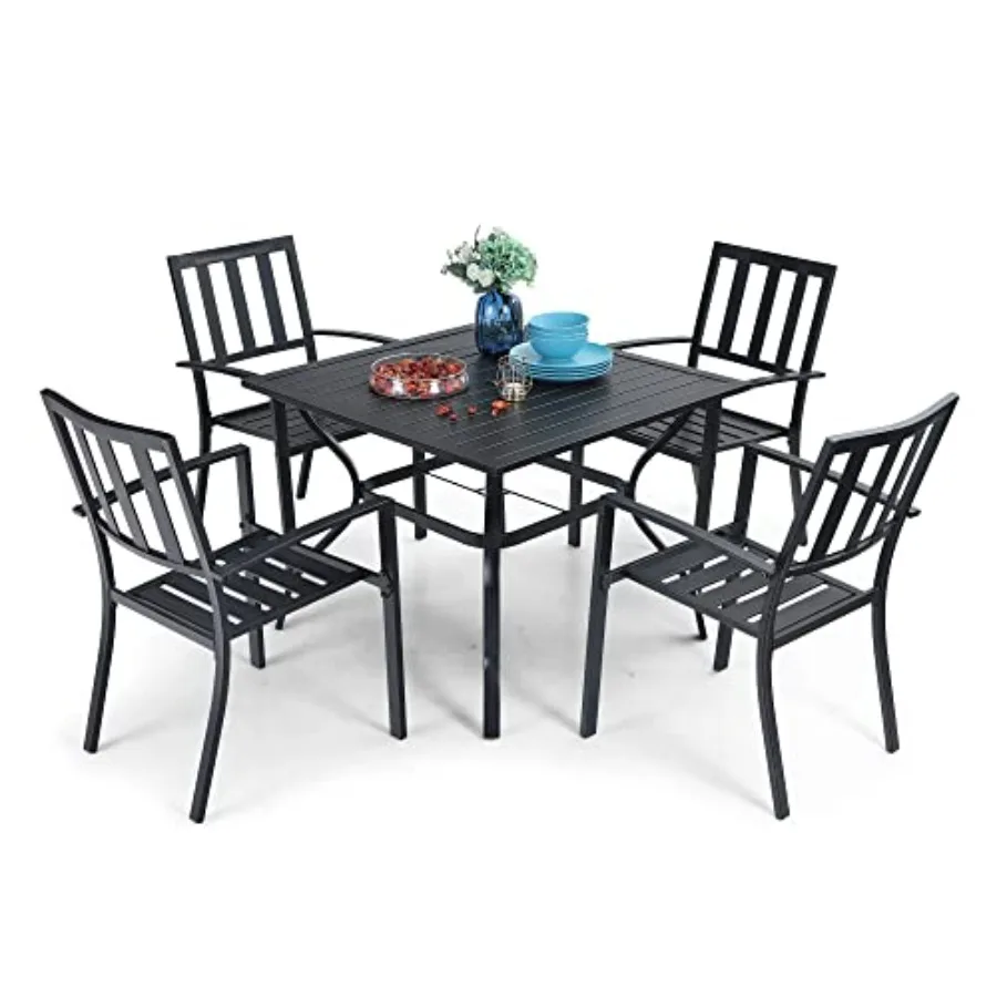 

5 Piece Outdoor Dining Set for 4 with Black Square Metal Table and Umbrella Hole Stackable Wrought Iron Chairs Patio Deck Porch
