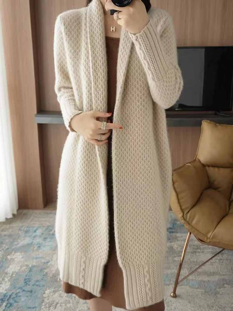 New Women Elegant Knit Cardigan Long Sleeve Mid-length Coats Oversized Korean Loose Tops Jacket Autumn Winter Thick Sweater