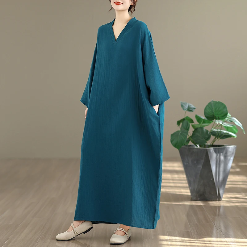 Vestido Longo Retro de Aodão e Linho com Estampa Floral em Cores Sólidas para Viagem, Estilo de Férias, Decote em V, Disfar...