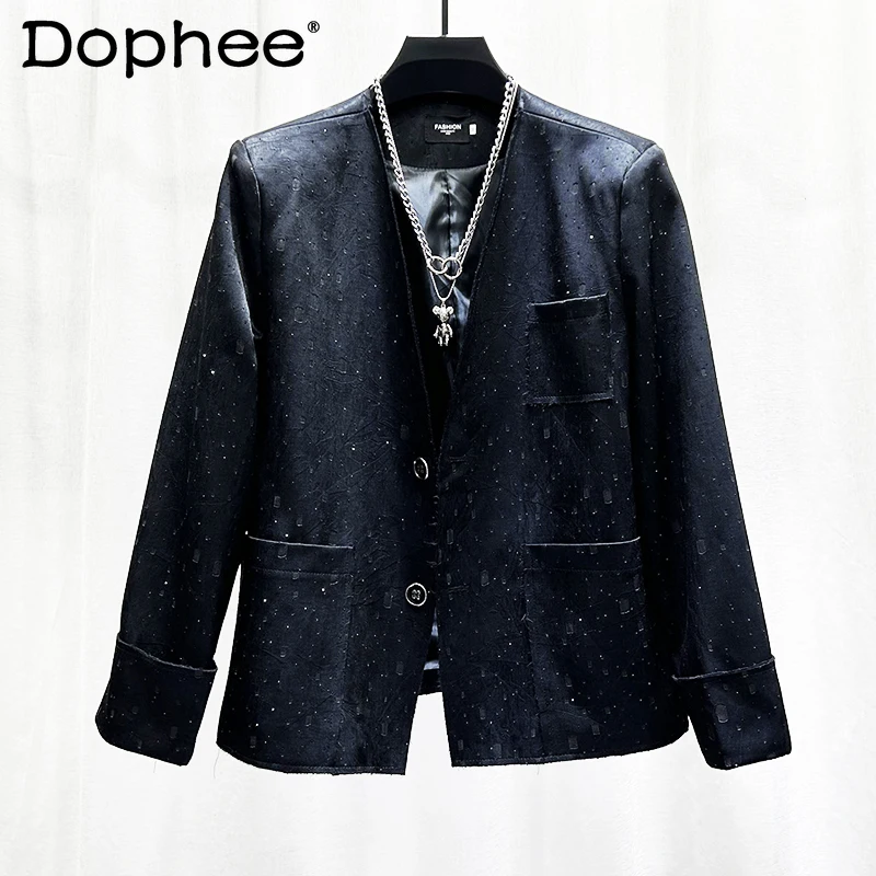 

Trendy Male Jackets Men's 2024 Autumn New Stand Collar Splicing American Style Youth Pearl Blingbling Diamond Baseball Jackets