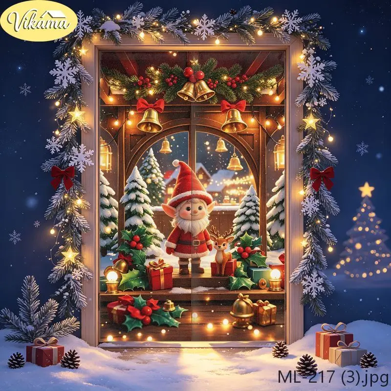 Glass Door Christmas Curtain Santa Claus Reindeer Candy Cane Hanging Banner Winter Holiday Home Decoration Xmas 2026 Front Door