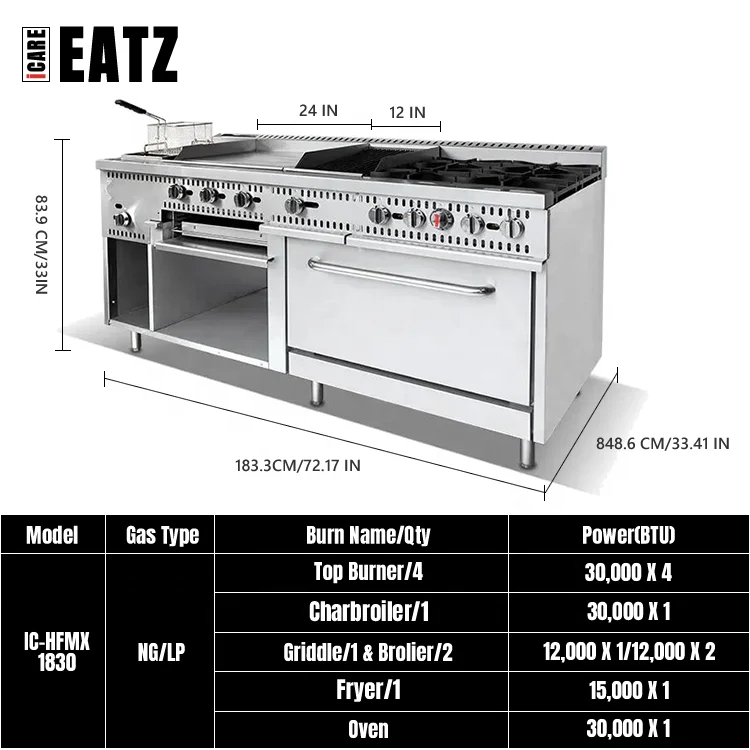 Energy-saving 72 Inch wide 4 Burners 12 Inch Charbroiler 24