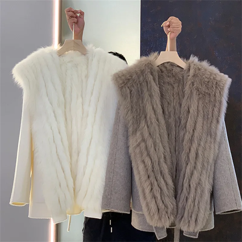 2024 Winter New Medium to Long Hooded Fox Fur Vest Double sided Cashmere Coat Women's Two Piece Set Detachable Woolen Coat