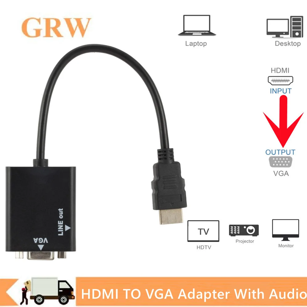 Grwibeou HD 1080P HDMI-VGA 케이블 변환기 (남성-여성) 3.5mm 잭 오디오 PC 노트북 태블릿용 어댑터