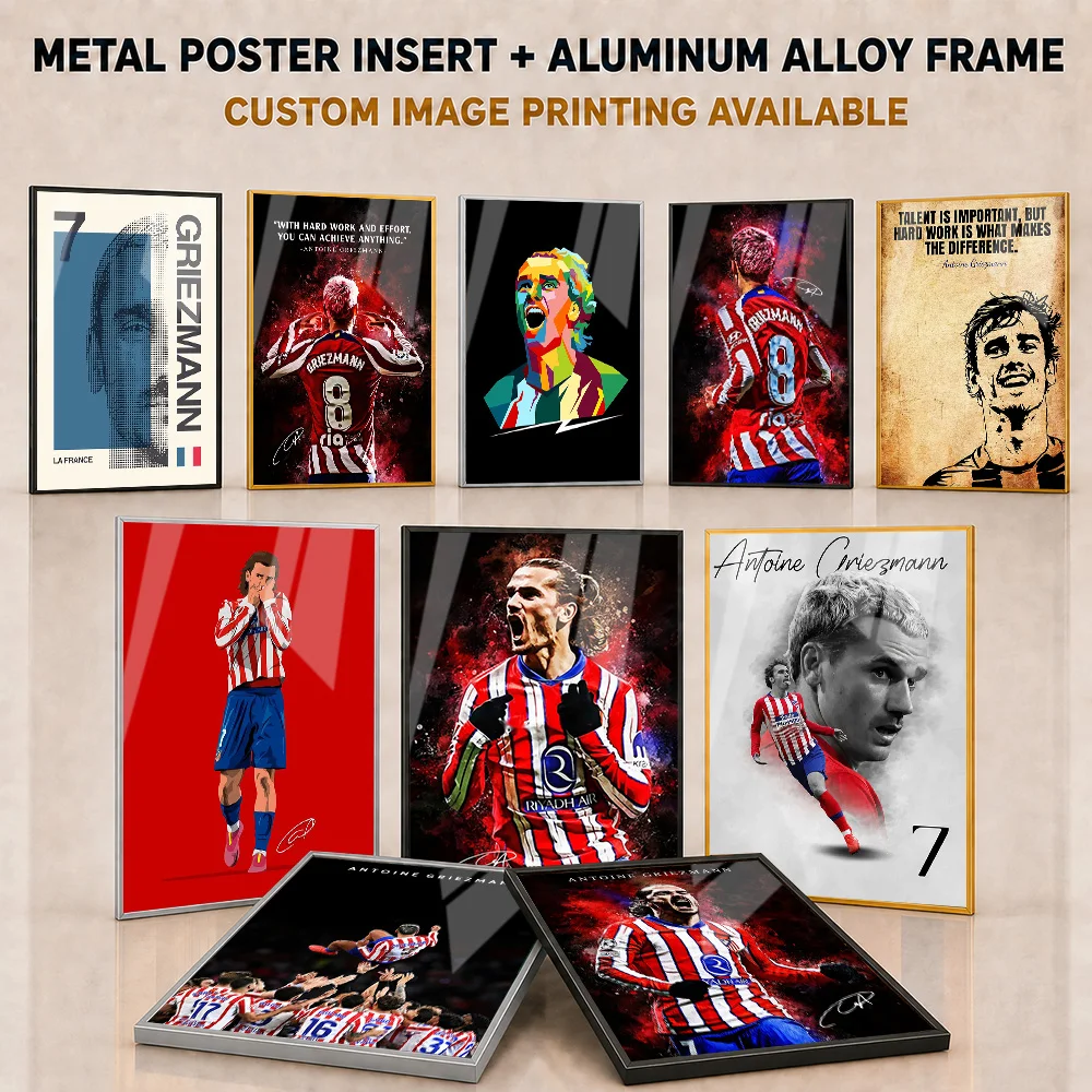 Antoine Griezmann Framed Aluminum Metal Poster Customized Bold Football Champion Portrait Wall Art For Home Gym Supporter Gift