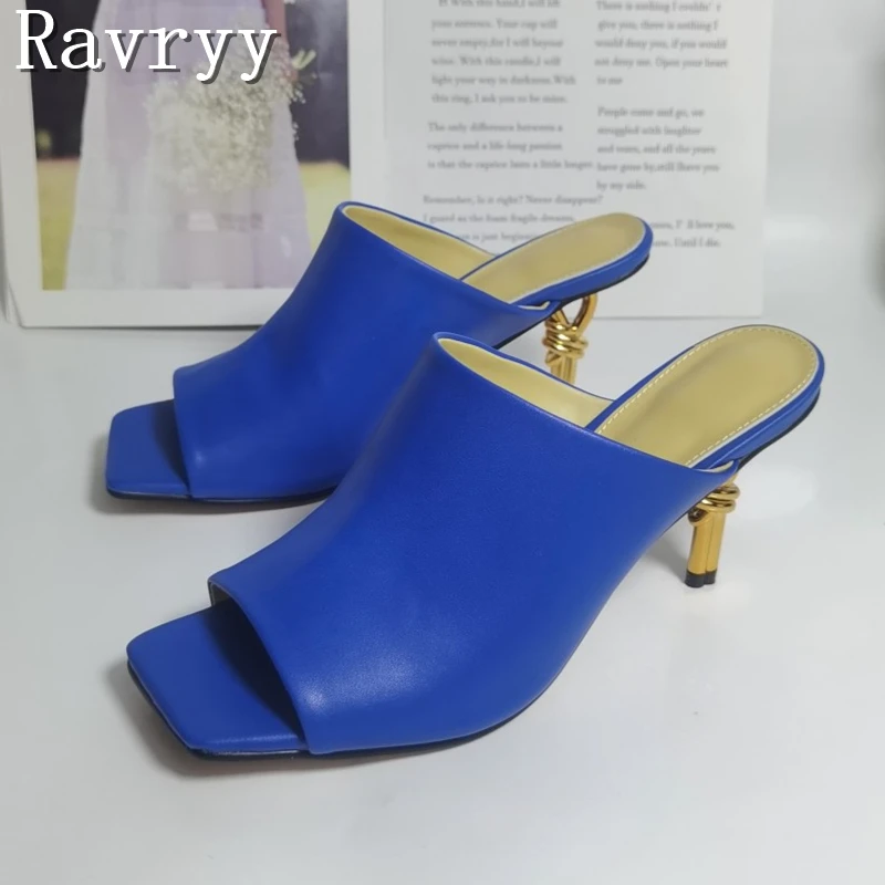 

Fashion Design Unique Gold Knot Heel Mules Women New Square Open Toe Chic Summer Heeled Slides for Party and Daily Wear