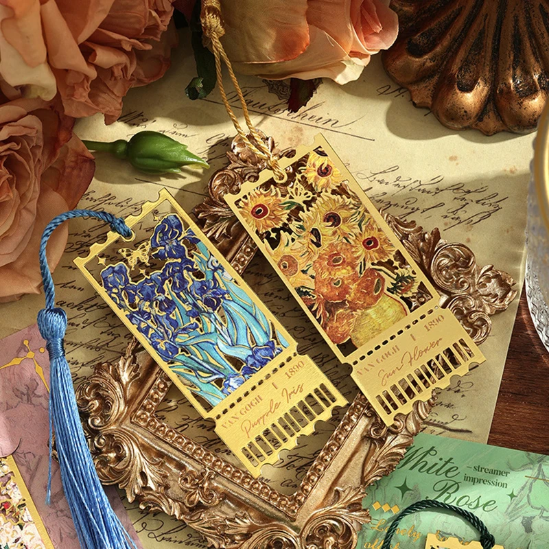 Metal Bookmark Oil Painting Flower Cutout Tassel Bookmark Reading Book Separator Reading Accessories Metal Book Point Teacher