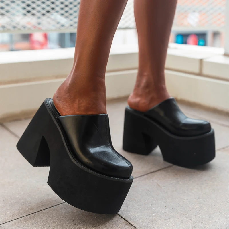 New Fashion Black Platform Wedge Round Head Pumps Black Slippers High Heel Shoes Woman Sexy Platform Chunky Heel Toe Slippers