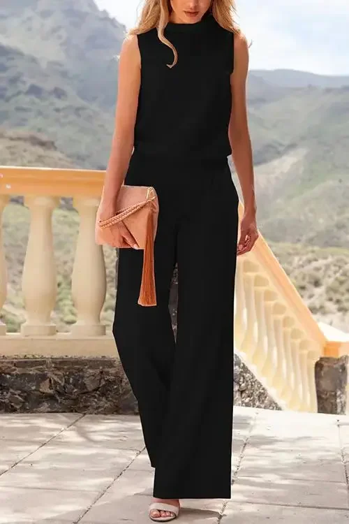 Summer High Waist Women Jumpsuit O-neck Overalls Sexy Sleeveless Bare Shoulder Rompers Loose Wide Leg Pants Jumpsuits for Women