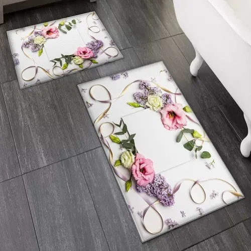 Else Carpet Else Pink Purple Rose Green Leaves 2'li Toilet Seat Pad Bath Mat Set Mat