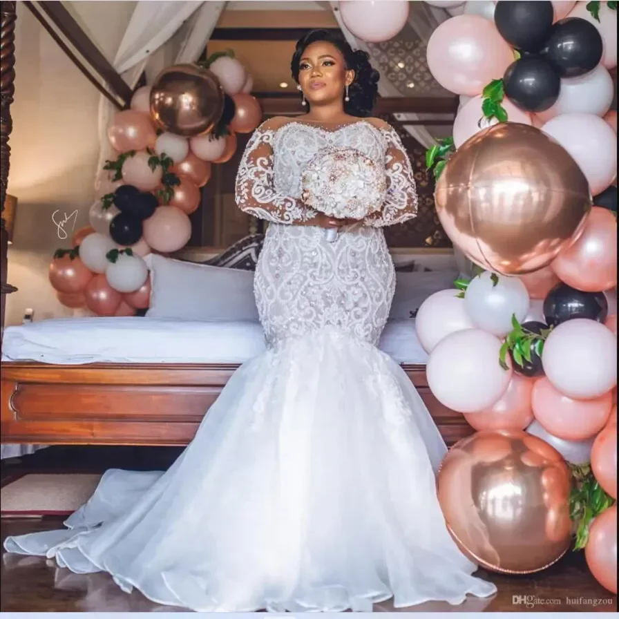 Suknia ślubna syrena z aplikacjami z koralików, trenem zamiatającym, iluzorycznymi długimi rękawami, szyta na miarę, Vestido De Casamento.