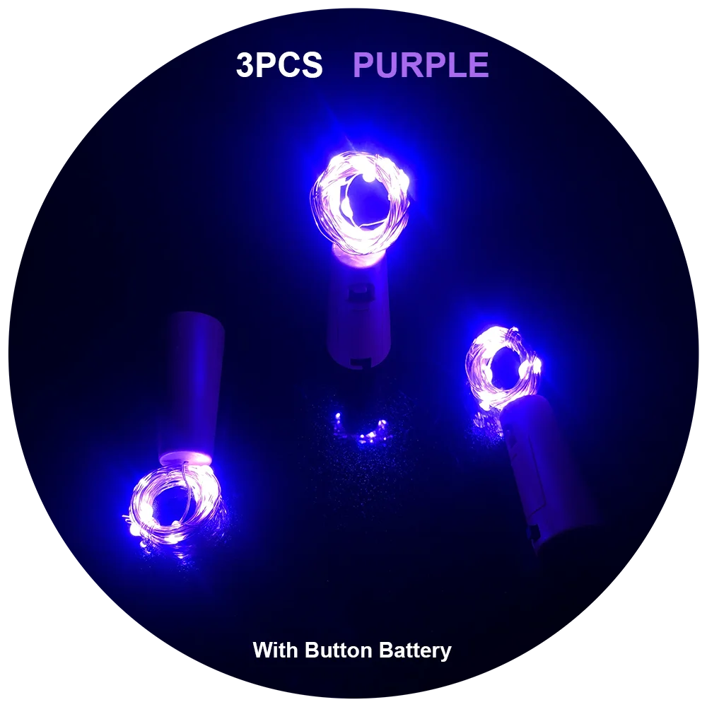 

3Pcs Purple Wine Cork 20LEDS Birthday Party Bar Wedding Celebration Holiday Christmas AG13 Button Battery 2M with 3 Batteries