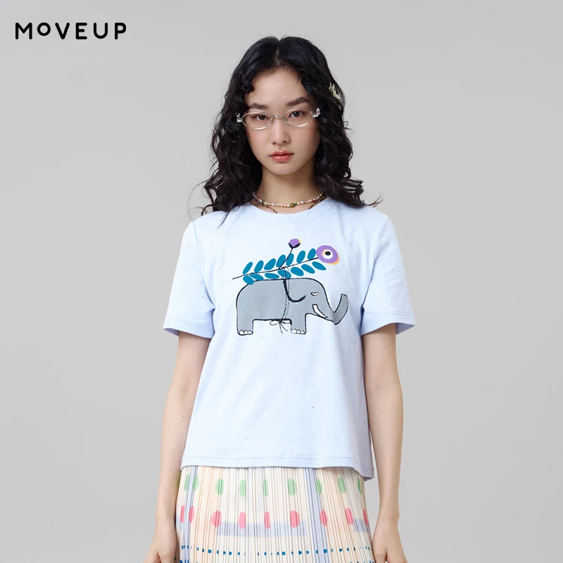 

MOVEUP Short Sleeved Round Neck T-Shirt 2026 Summer New Fun Elephant Plant Color Dot Printed Casual T-Shirt For Women 3ELX10565