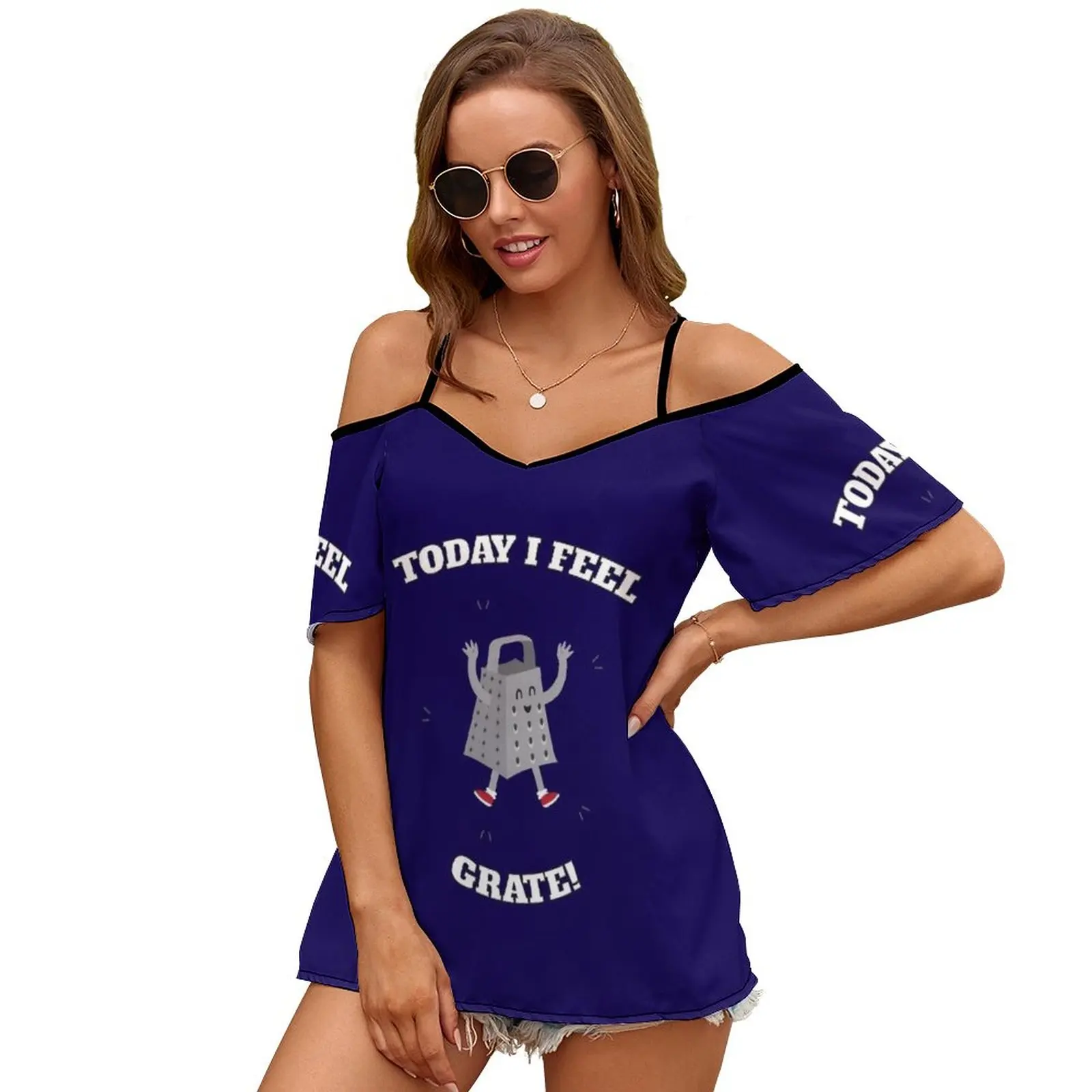 Feel Grate! Print O-Neck Off-The-Shoulder Top Short-Sleeved T-Shirt Ladies Streetwear Original Funny Pun Grater Fitness Active