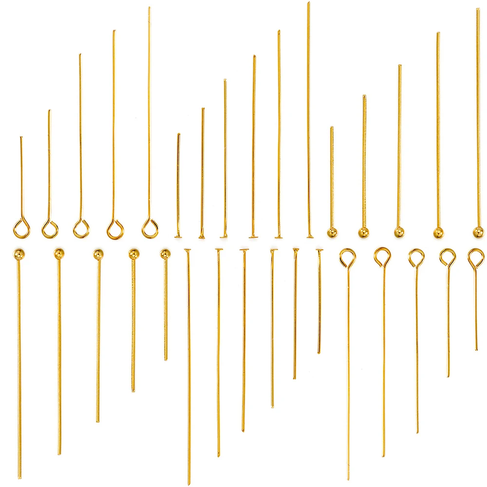 100 pinos de aço inoxidável banhados a ouro, pinos de cabeça esférica com miçangas, pinos de olho plano para fazer joias diy, acessórios, descobertas