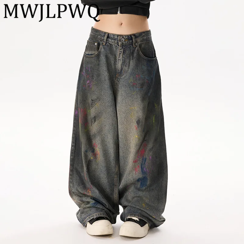 

MWJLPWQ Мужские джинсы в уличном стиле с американскими чернилами и граффити, модные прямые широкие брюки унисекс с эффектом потертостей 12162
