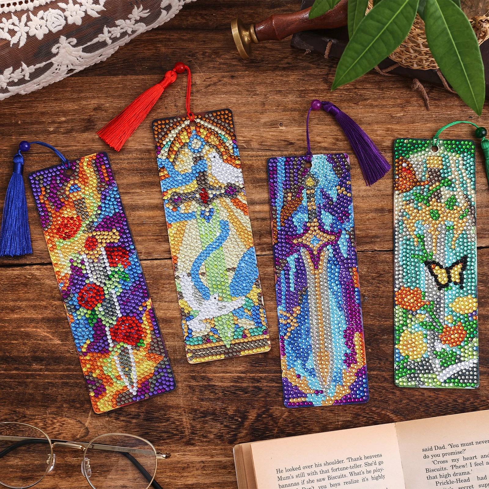 4 Pcs Diamond Art Bookmarks Sword Flower Kit with Tassels Pendant Accessories for Readers Craft Lovers Graduation Birthday Gift