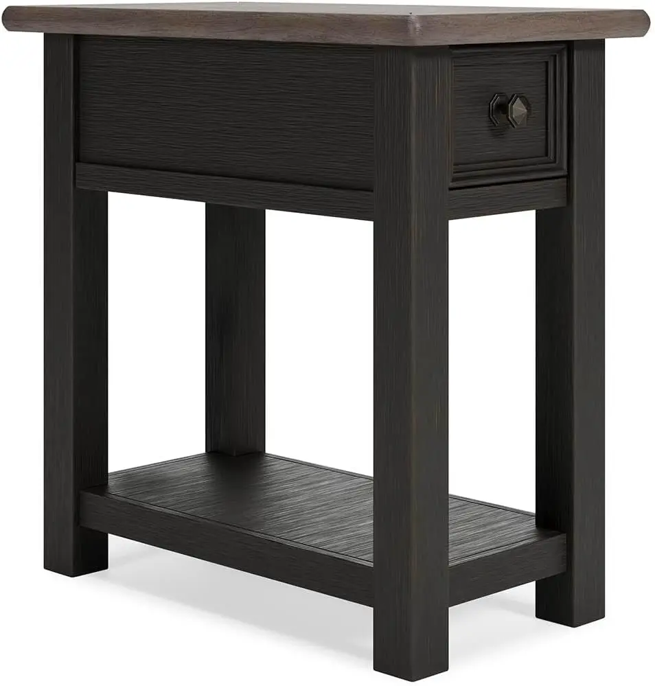Narrow Side Table with Charging Station, Tyler Creek Chairside End Table, Wood, Smooth-Gliding Storage Drawer, Living Room Furni