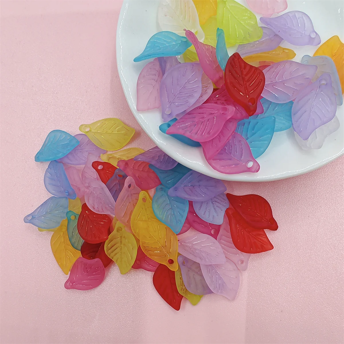 100PCS 18*11mm Frosting Leaf Acrylic Mini Pendant Candy Color   Beads Jewelry Making Findings DIY Handmade Material