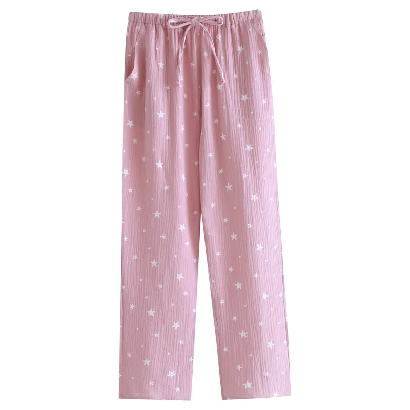 Spring / Summer Women\'s Home Pants Pure Cotton Crepe Casual Home Trousers Star Print Elastic Waist Pajama Pants Sleep Bottoms