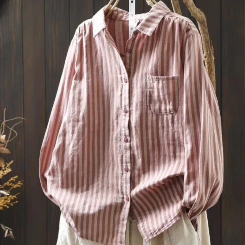 

2026 Spring/Summer New Solid Color Double Layer Cotton Yarn Vertical Stripe Long Sleeved Shirt for Women