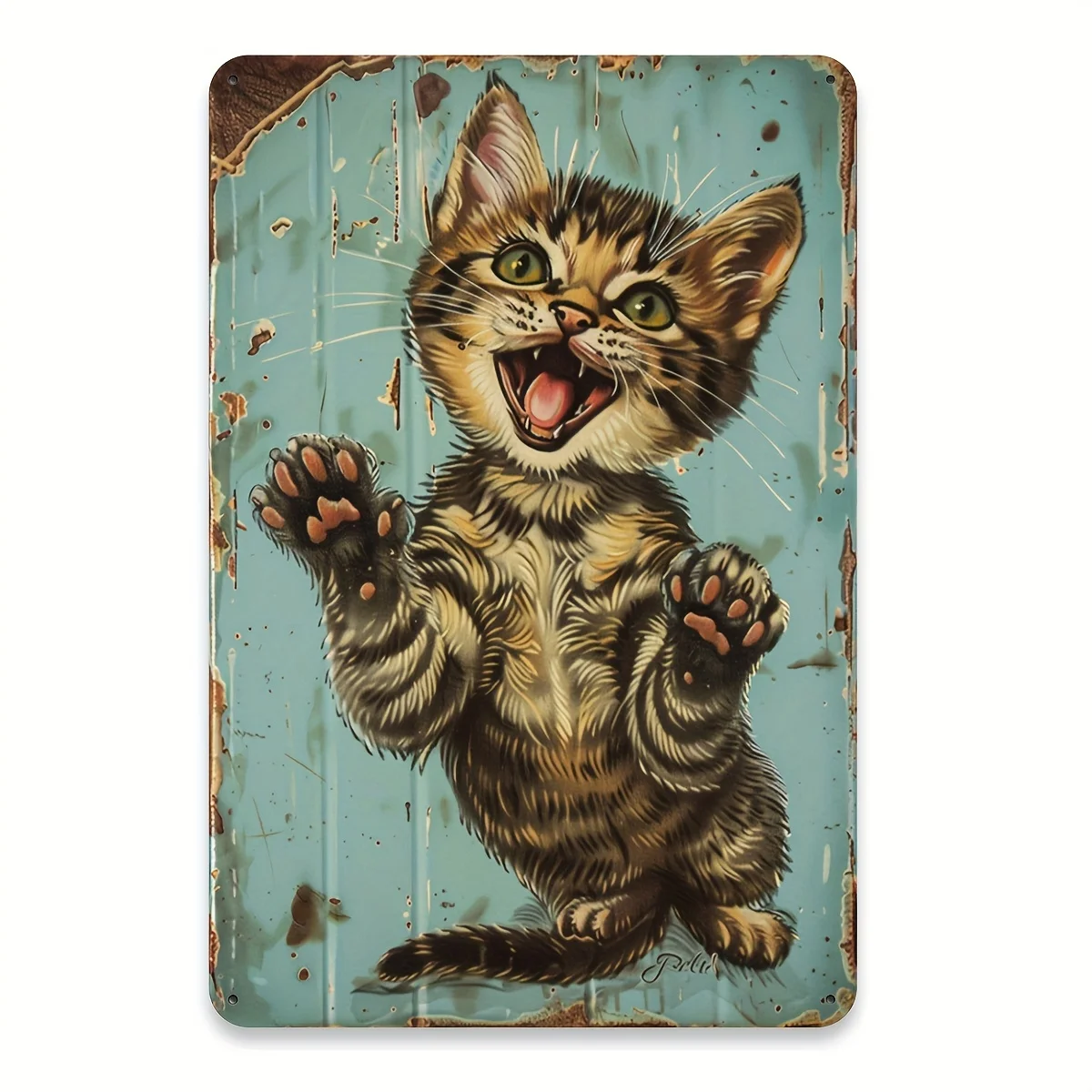 Pintura en estaño 2D: Panel metálico vintage con diseño feline de fantasía, construcción en hierro, ilustración divertida de gato torpe, A