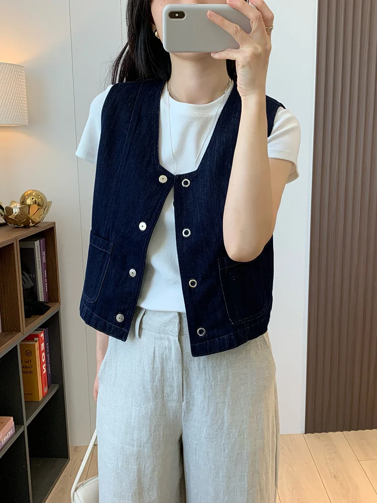 

Повседневный жилет из плотного хлопка с V-образным вырезом и пуговицами, джинсовый топ L_NEAREST, верхняя одежда для повседневной носки, укороченный, однобортный...