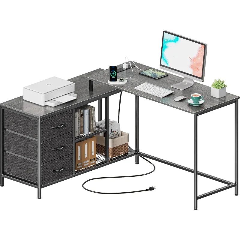 Mesa em forma de L com tomadas, mesa do computador com gavetas e prateleiras