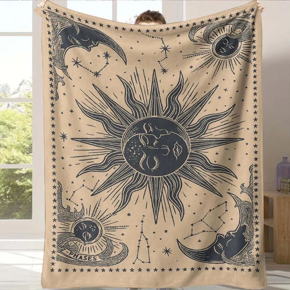 Manta de Franela Vintage con Diseño de Sol, Luna y Estrellas, Estilo Bohemio Hippie, Decoración para el Hogar, para Sofá