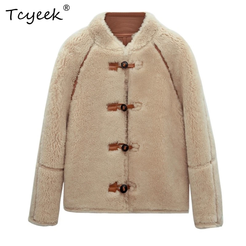 

Tcyeek Real Wool Autumn Winter High End Trendy Wear Yellow on Both Sides Women's Lamb Wool Shearling Fur Coat Fourrures Femme