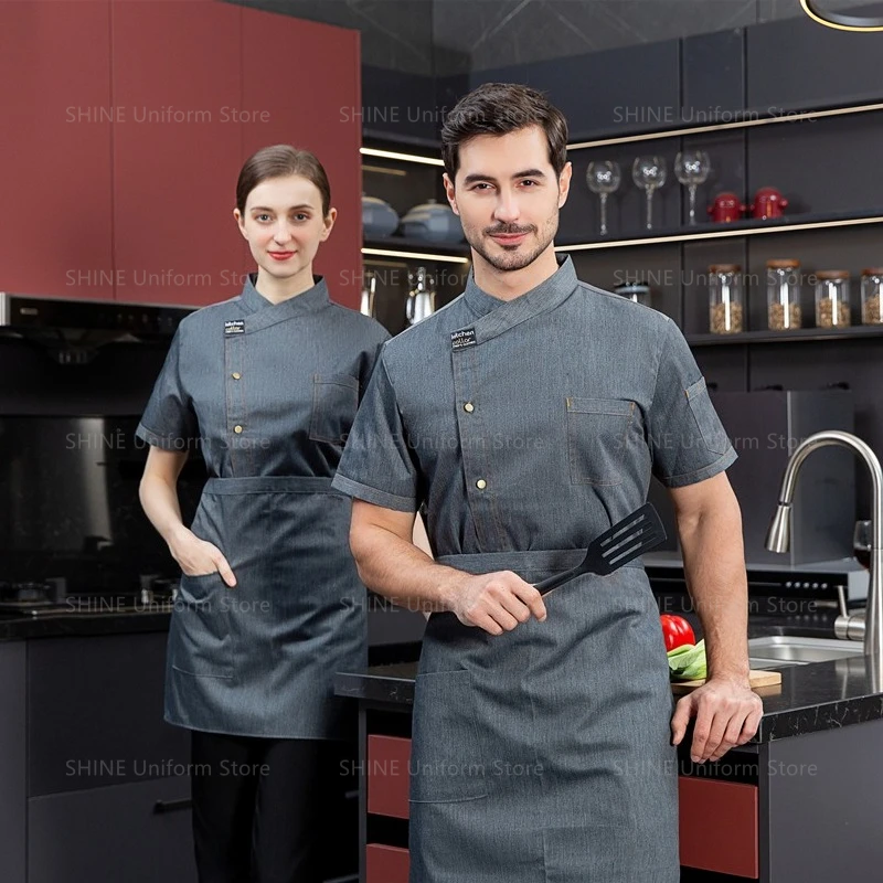 الصيف رئيس الشيف موحدة الرجال معطف الشيف الأسود شعار قصيرة الأكمام سترة الطاهي المئزر مطعم فندق المطبخ الطبخ معطف الملابس