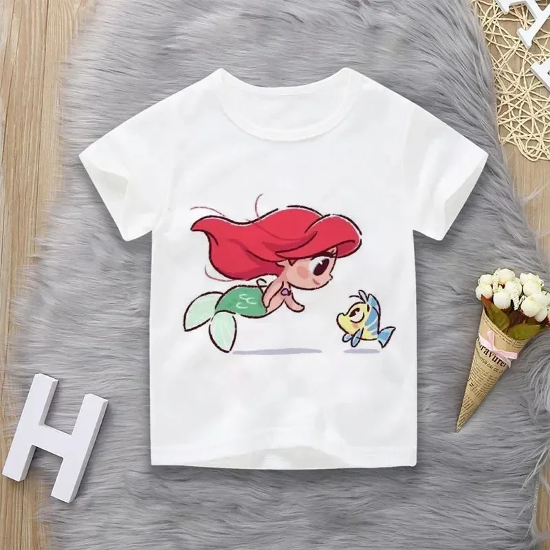 3-14y Kid Disney Short Sleeve Fashion Cute Princess Alphabet Cartoon Cinderella Print Casual Flower Girls T-Shirt Crew Neck Tops