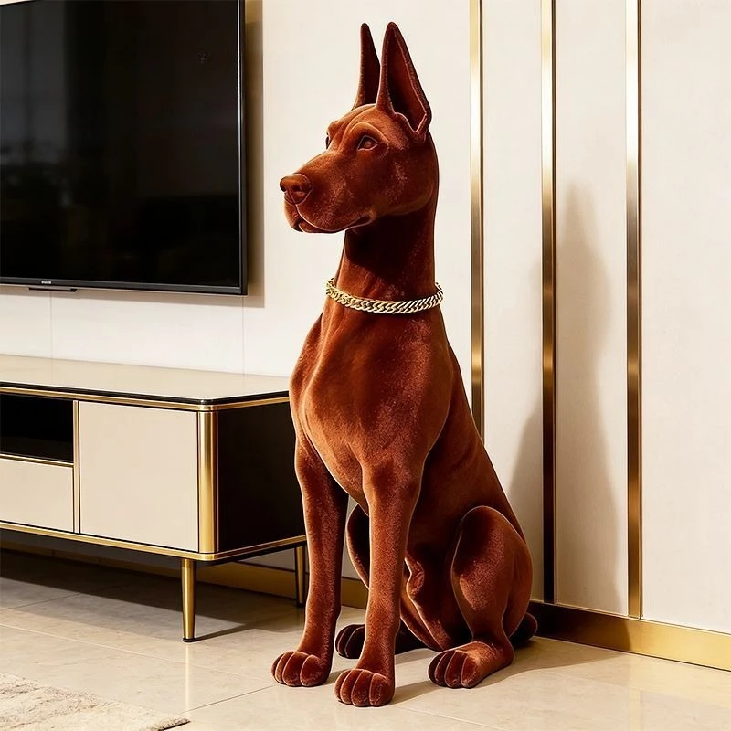 Flocking Doberman Statue Luxury Flocked Dog Sculpture Living Room TV Cabine Bedroom Ornament Housewarming Decorative Gift