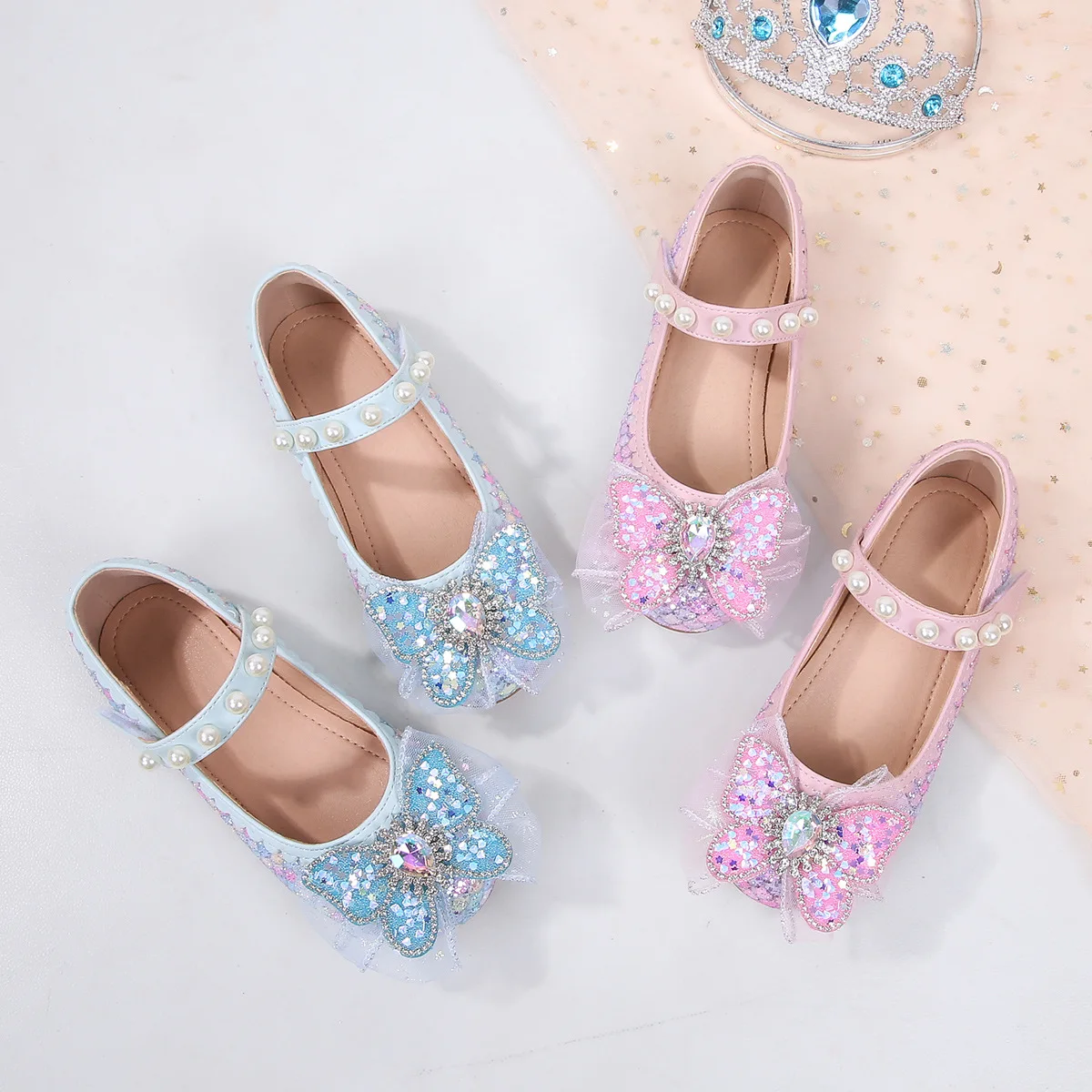 Girls Princess Shoes 2025 Spring Summer New Children's Soft Sole Crystal Shoes Bowknot Student Party Dance Performance Shoes