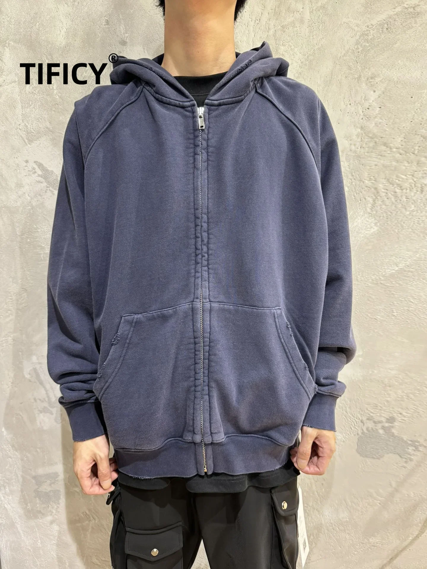 TIFICY High Street Hoodie Sweatshrit Top Men's and Women's New Tie Dye Distressed Purple Antique Zipper Hooded Jacket Sweatshirt