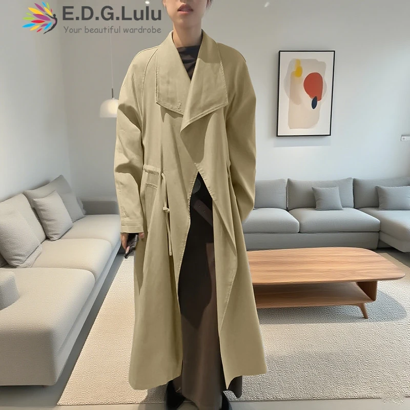 

EDGLuLu Fashion Designer Woman Clothing Turn-Down Collar Loose Long Windbreaker High Waist Drawstring Lace-Up Long Coat 0917