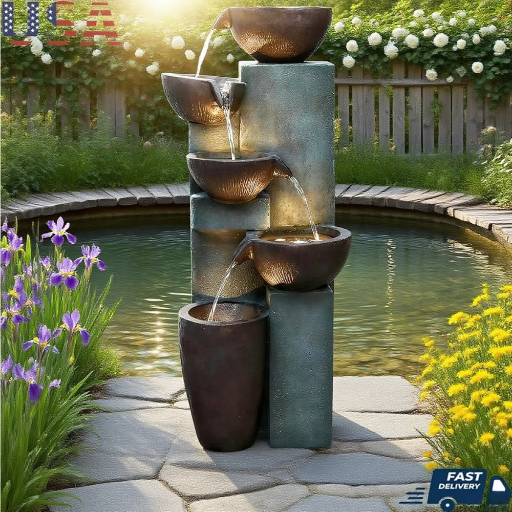 

5-Tier Resin Water Feature Garden Patio Indoor Decoration Easy Setup Modern Outdoor Fountain with LED Lights