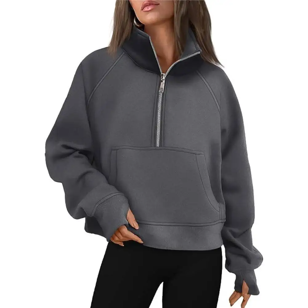 

Women Sweatshirts Half Zip Open Stand Collar Loose Sportwear Pullovers Trendy Girl Thumb Hole Tracksuits Coats Yoga SweatSuit