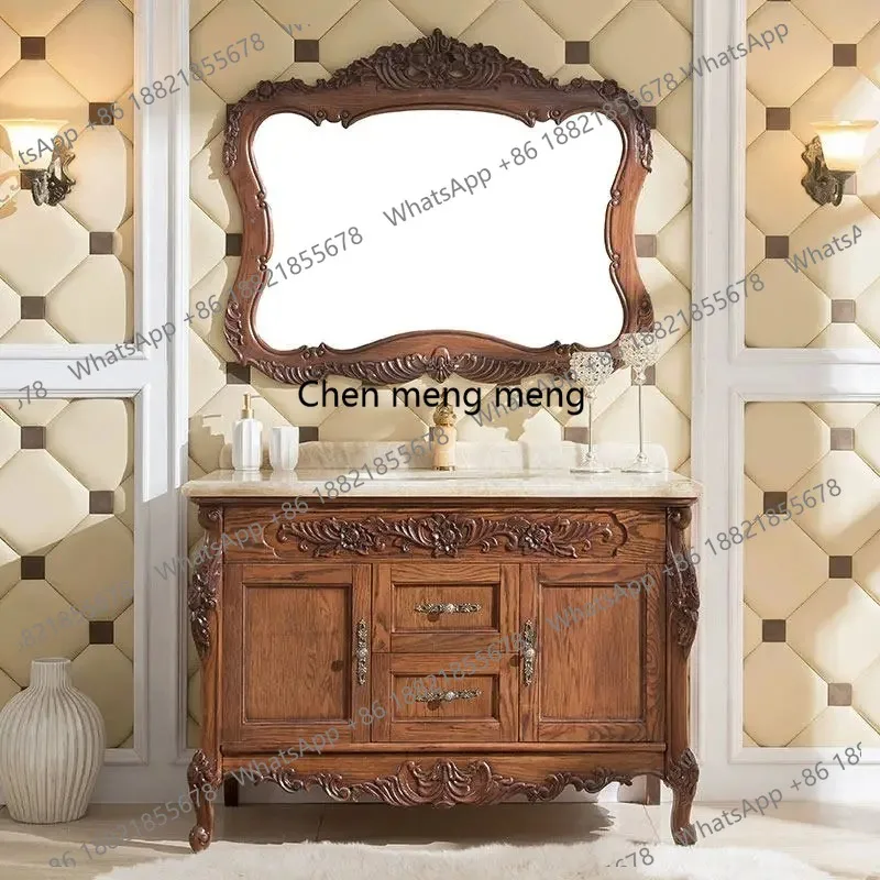 

European bathroom cabinet red oak antique solid wood washstand marble wash basin cabinet floor