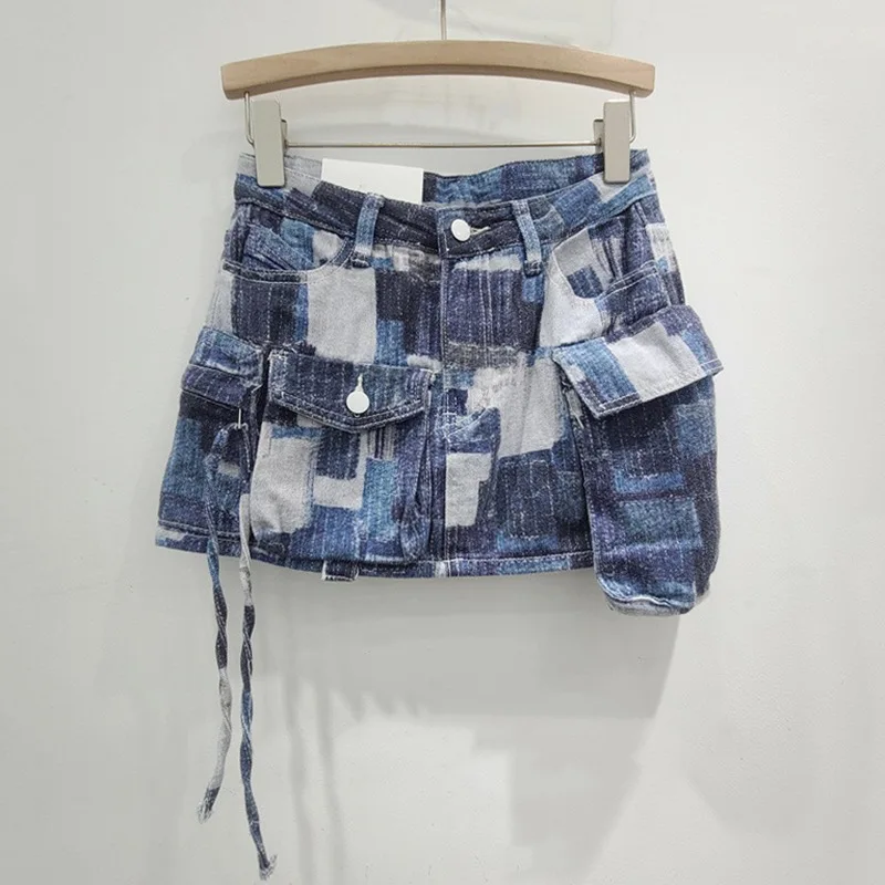 

European Style New Spring Summer Printing And Dyeing Multi Pockets Design Denim Skirt Women Fashion Slim Cargo Mini Skirt s817