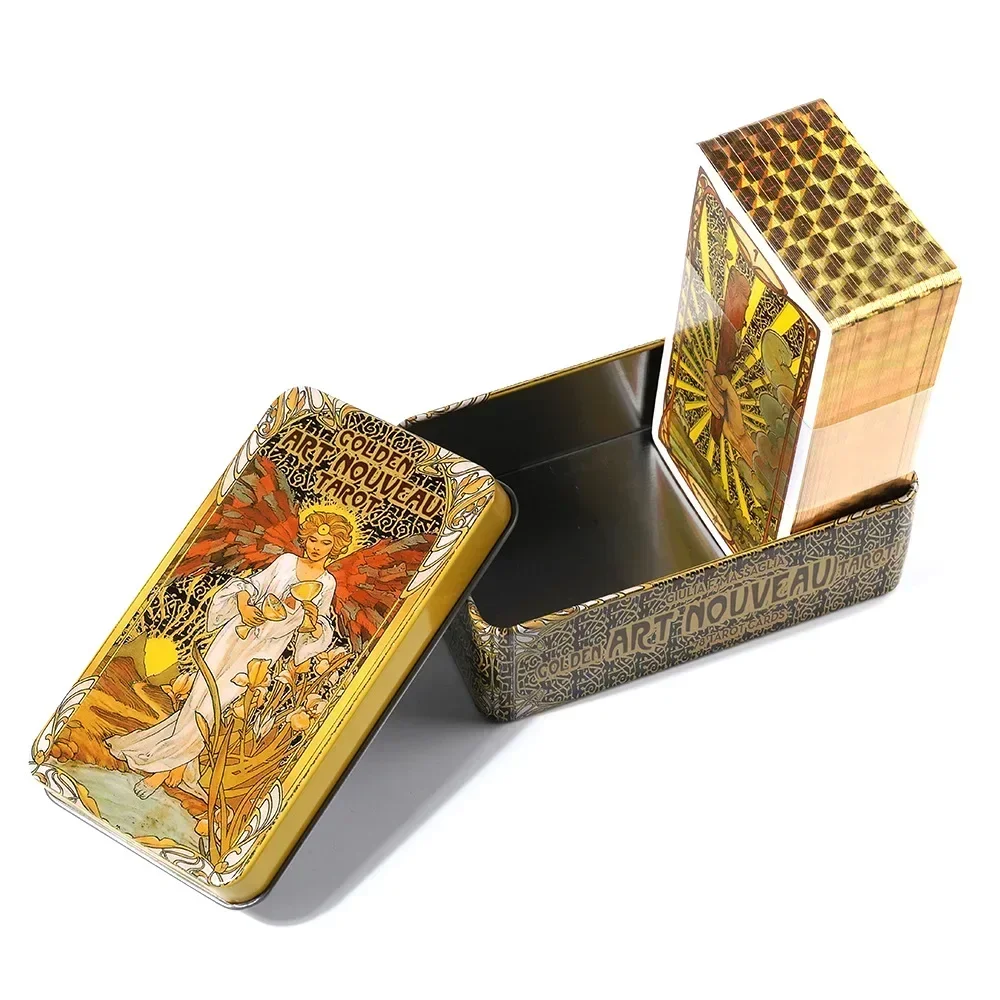 1Pcs Golden Art Nouveau Tarot in A Tin Box with Guidebook 78Pcs 10.3*6 cm