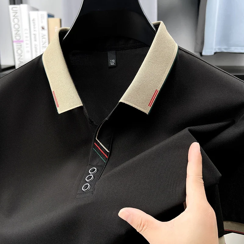 Mens Short Sleeve Dual Tone Color Block Collar Polo Tees Multi Tone Trim On Placket And Cuffs Slim Fit Fashion Tops For Men