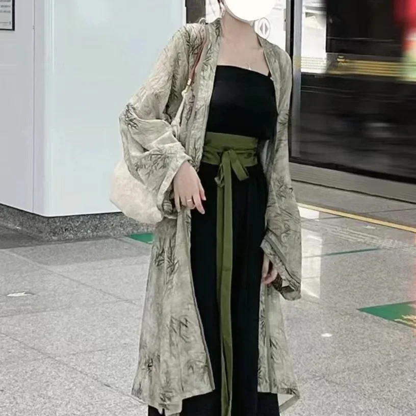 Traje de cuatro piezas de estilo chino para mujer, traje de Hanfu de la dinastía Song, bata Kimono, trajes chinos verdes Vintage, nuevo