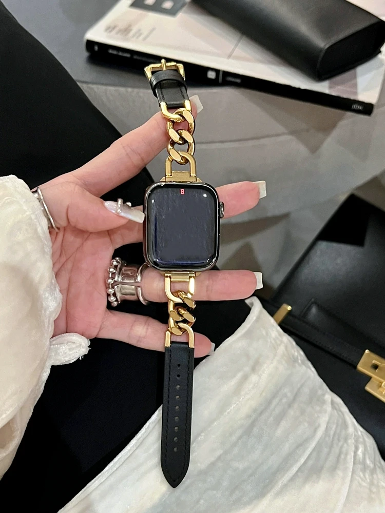 Luxury Gold Stainless Steel Leather Band For Apple Watch 8 7 SE 6 5 4 Lady Man Bracelet Strap For iwatch 41mm 45mm 38 49 44 40mm