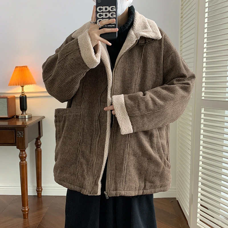

Men's Winter Thiened Corduroy Cotton Jaet Lamb Fur Lined Loose Fit Turn-down Collar Retro American Sle Cotton Coat